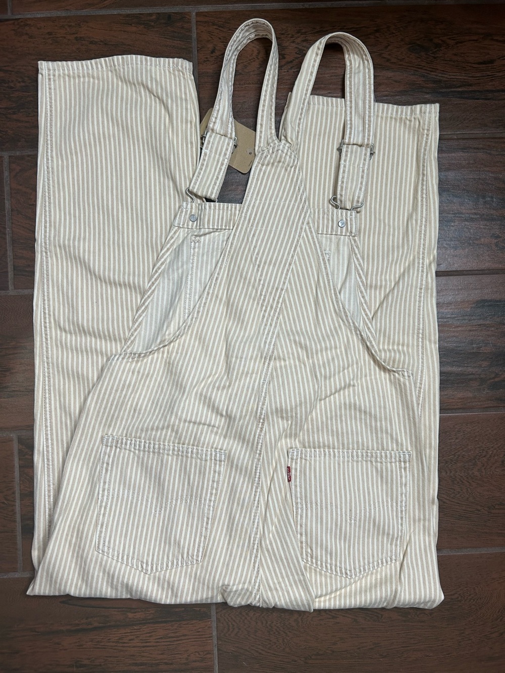 Levi’s Cream Yellow Pin Stripe Denim Straight Leg Jeans Overalls Women’s Small - Picture 4 of 6